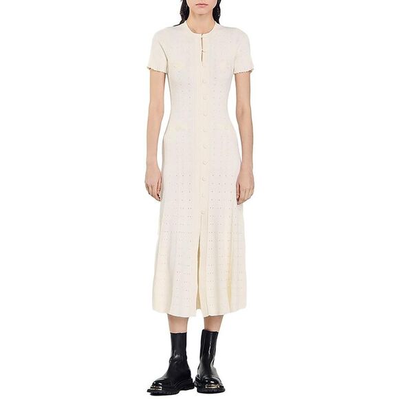 Sandro Womens Ivory Below Knee Button-Down Knit Midi Dress NWT - Picture 1 of 1
